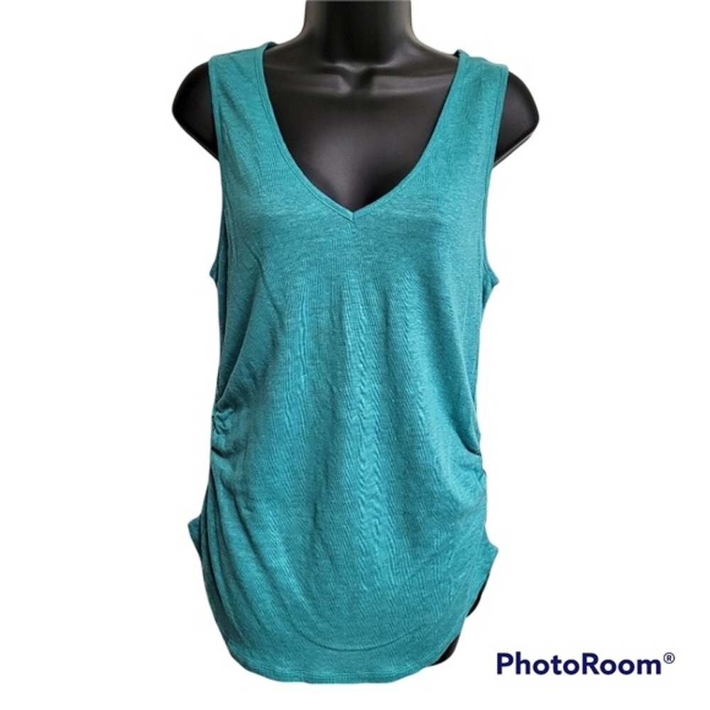 H By Bordeaux Teal Linen Sleeveless V-Neck Ruched Sides‎ Tank Top Size Small NWT
